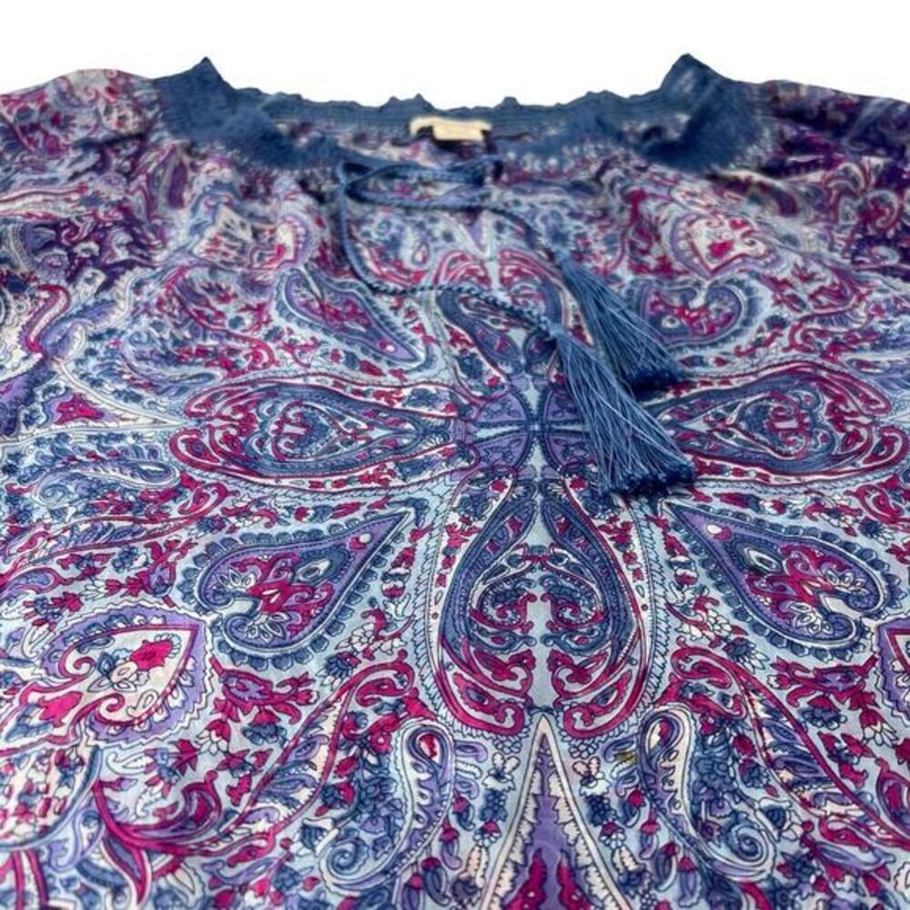Sundance S Petite Purple Paisley 100% Silk‎ Semi Sheer Tassel Boho Women's Shirt